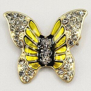 Butterfly Enamel Rhinestone Encrusted Brooch Yellow Black Gold Tone Pin